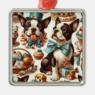 Retro Niedlich Boston Terrier Illustration Ornament Aus Metall