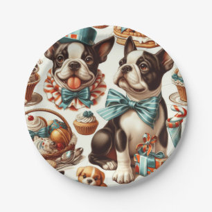 Retro Niedlich Boston Terrier Illustration Pappteller