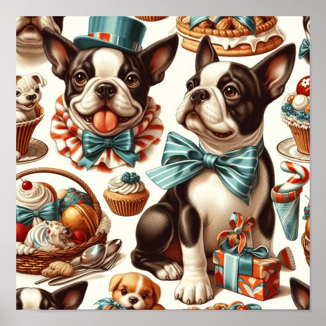 Retro Niedlich Boston Terrier Illustration Poster (Vorne)