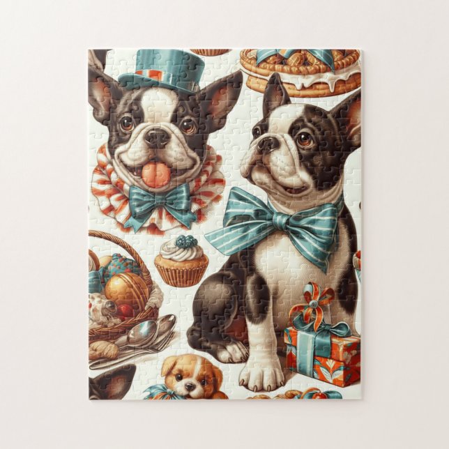 Retro Niedlich Boston Terrier Illustration Puzzle (Vertikal)
