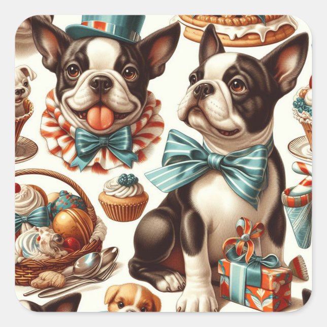 Retro Niedlich Boston Terrier Illustration Quadratischer Aufkleber (Vorderseite)