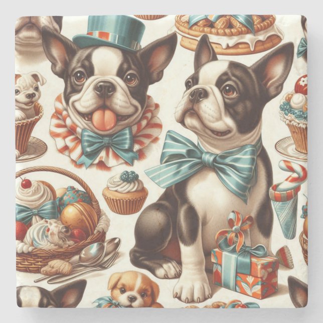 Retro Niedlich Boston Terrier Illustration Steinuntersetzer (Vorderseite)