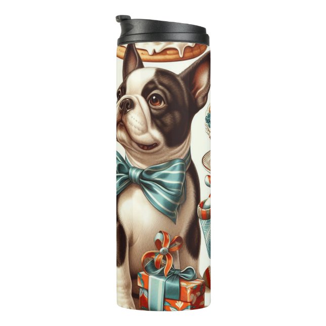 Retro Niedlich Boston Terrier Illustration Thermosbecher (Nach rechts gedreht)