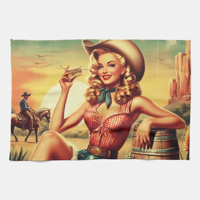 Retro Niedlich Cowgirl Geschirrtuch (Horizontal)