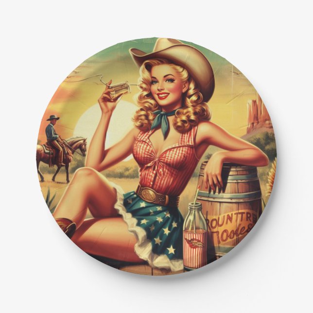 Retro Niedlich Cowgirl Pappteller (Vorderseite)