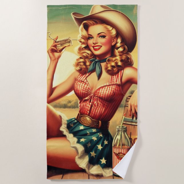 Retro Niedlich Cowgirl Strandtuch (Vorderseite)