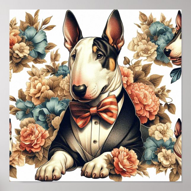 Retro Niedlich Floral Bull Terrier Poster (Vorne)