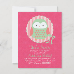Retro Niedlich Owl Pink & Green Girls Geburtstagsp Einladung