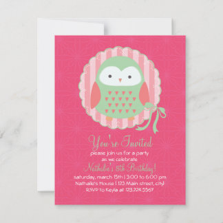 Retro Niedlich Owl Pink & Green Girls Geburtstagsp Einladung