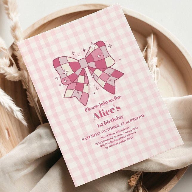 Retro Niedlich Pink Bow Coquette 1. Geburtstag Einladung (Von Creator hochgeladen)