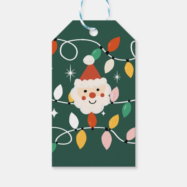 Retro Niedlich Santa mit leuchtenden Lichtern grün Geschenkanhänger (Vorderseite)
