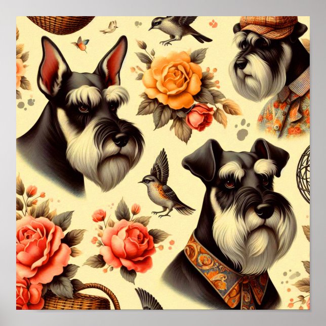 Retro Niedlich Schnauzer Illustration Poster (Vorne)