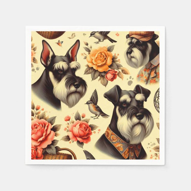 Retro Niedlich Schnauzer Illustration Serviette (Vorderseite)