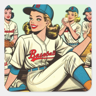 Retro Niedliche Baseball Girls Comic Quadratischer Aufkleber
