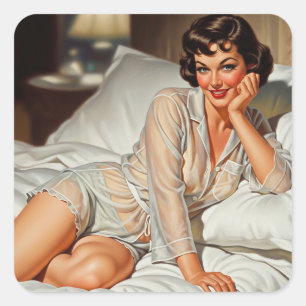 Retro Niedliche Frau '50 Button-up Quadratischer Aufkleber