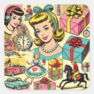 Retro Niedliche Girly-Comic Quadratischer Aufkleber
