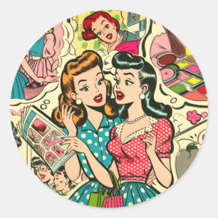 Retro Niedliche Girly-Comic Runder Aufkleber