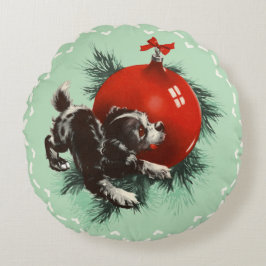 Retro Niedliche Welpe Red Ornament Weihnachten Rundes Kissen