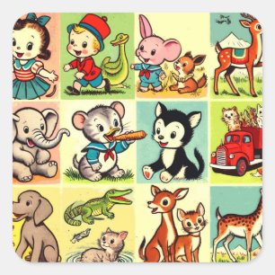Retro-Niedlicher Tiere Comicen Quadratischer Aufkleber