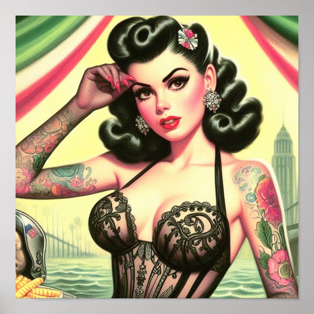 Retro Niedliches tattooides Button Poster (Vorne)