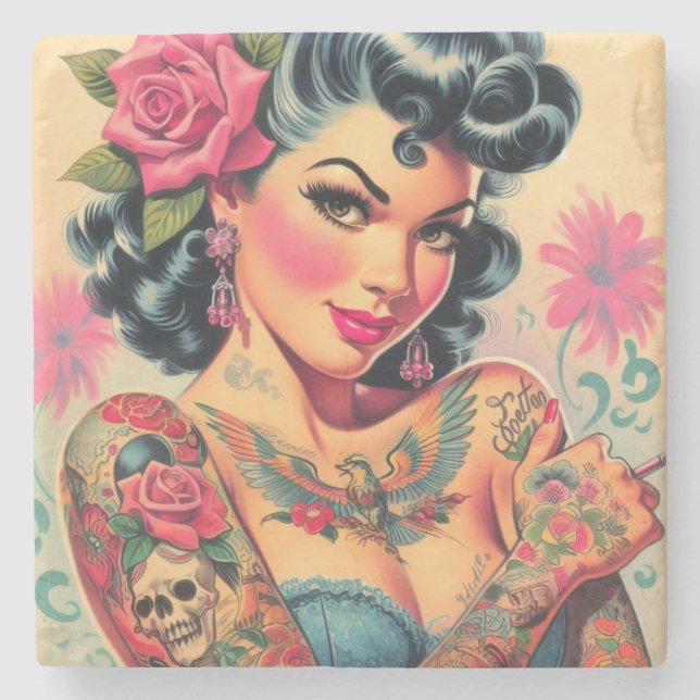 Retro Niedliches tattooides Button Steinuntersetzer (Vorderseite)