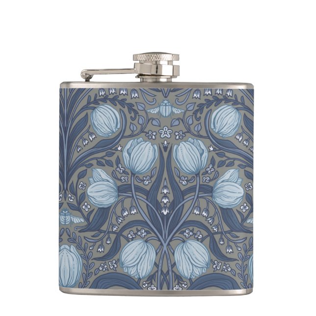 Retro Nouveau Tulips in blue and pewter Flachmann (Vorderseite)