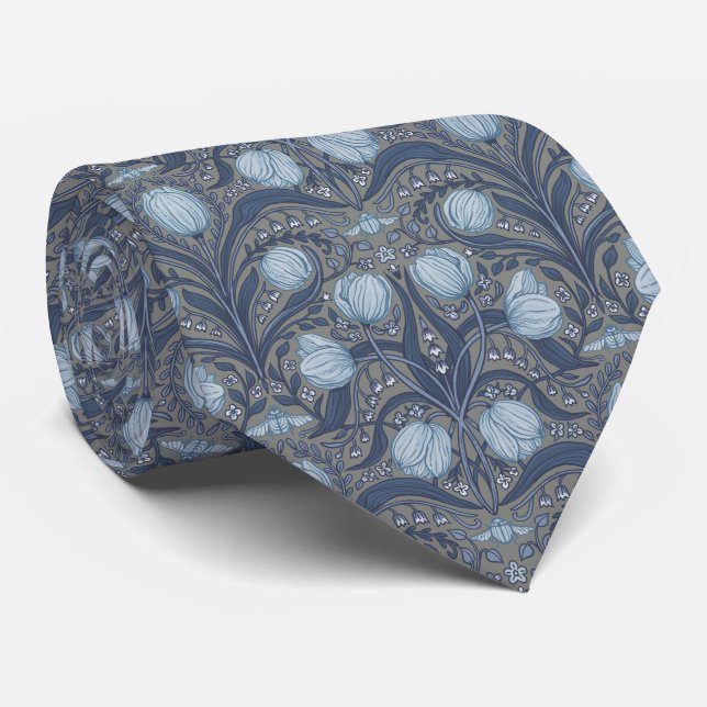 Retro Nouveau Tulips in blue and pewter Krawatte (Gerollt)