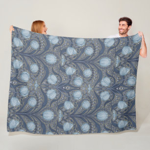Retro Nouveau Tulpen in Blau und Zinn Fleecedecke