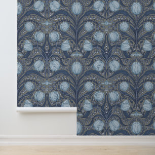 Retro Nouveau Tulpen in Blau und Zinn Tapete