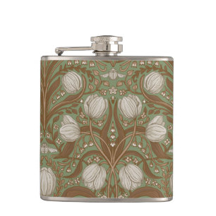 Retro Nouveau Tulpen in Salbei und Braun Flachmann