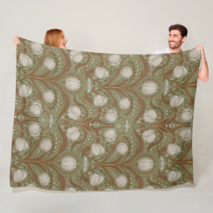 Retro Nouveau Tulpen in Salbei und Braun Fleecedecke