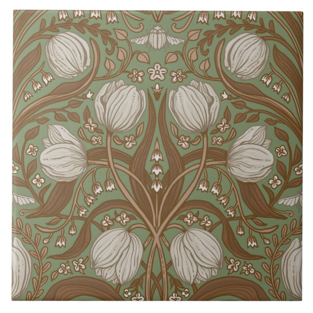Retro Nouveau Tulpen in Salbei und Braun Fliese (Vorderseite)