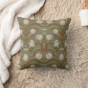 Retro Nouveau Tulpen in Salbei und Braun Kissen