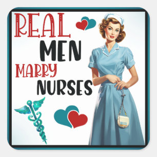 Retro Nurse Pinup_ Real Men heiraten Krankenschwes Quadratischer Aufkleber