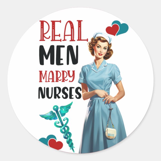 Retro Nurse Pinup_ Real Men heiraten Krankenschwes Runder Aufkleber (Vorderseite)