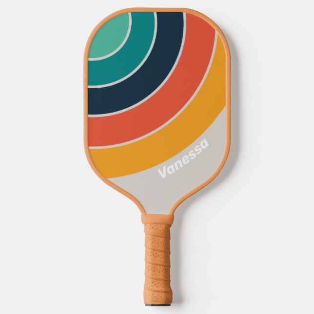 Retro Ocean Rainbow Circle Streifen mit Namen Pickleball Schläger (Vorderseite)