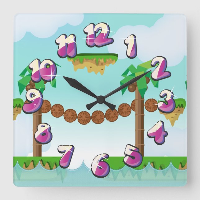 Retro- oder klassisches Plattformspiel Quadratische Wanduhr (Vorderseite)