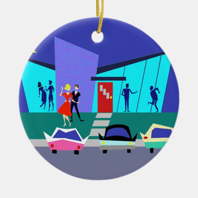 Retro offenes Haus-Party-Weihnachtsverzierung Keramikornament (Vorne)