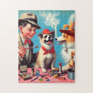 Retro Oil Painting Happy Hunde Puzzle