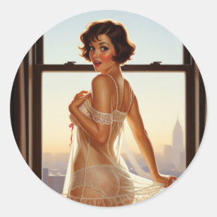 Retro Old School Button-up Girl Runder Aufkleber