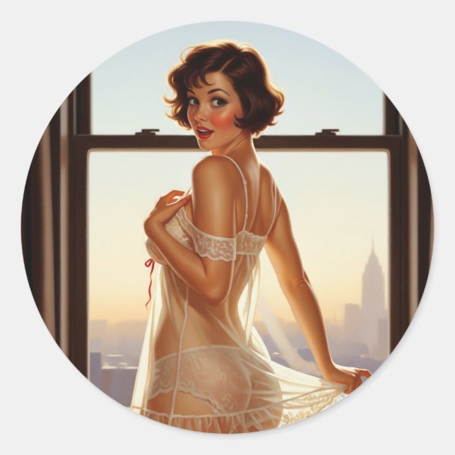 Retro Old School Button-up Girl Runder Aufkleber (Vorderseite)