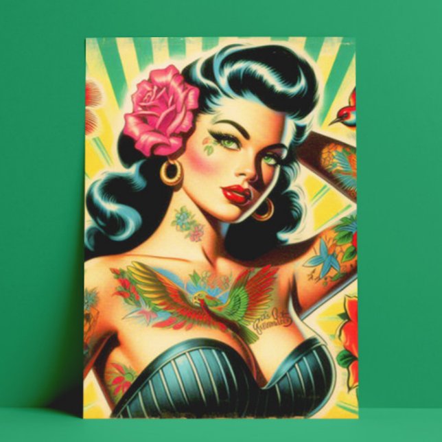 Retro Old School Tattoo Pinup Postkarte (Von Creator hochgeladen)