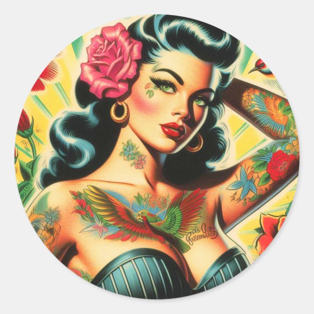 Retro Old School Tattoo Pinup Runder Aufkleber (Vorderseite)