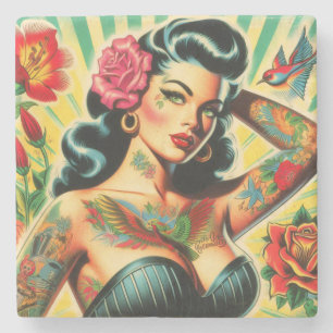Retro Old School Tattoo Pinup Steinuntersetzer