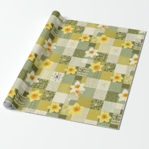 Retro-Oliv-Narzissen-Blumenfliesen - Mitte des Jah Geschenkpapier