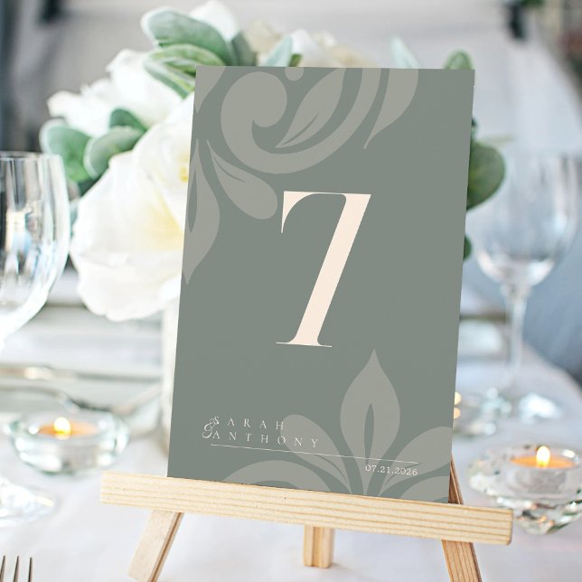 Retro Olive Elegante Damask Tischnummer Card (Von Creator hochgeladen)