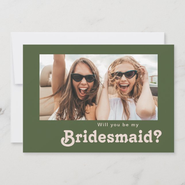 Retro Olive Green Foto Bridesmaid Vorschlag Card Einladung (Vorderseite)