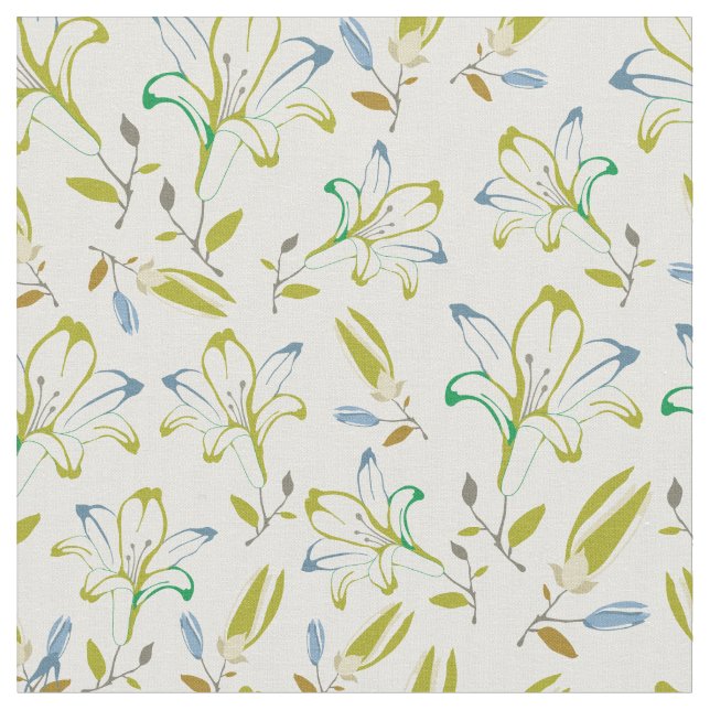 Retro Olive Green Lilie Blume Muster Stoff (Nahaufnahme)