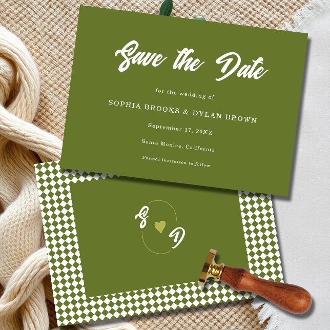 Retro Olive green  Minimalist Checkered Wedding Save The Date (Von Creator hochgeladen)