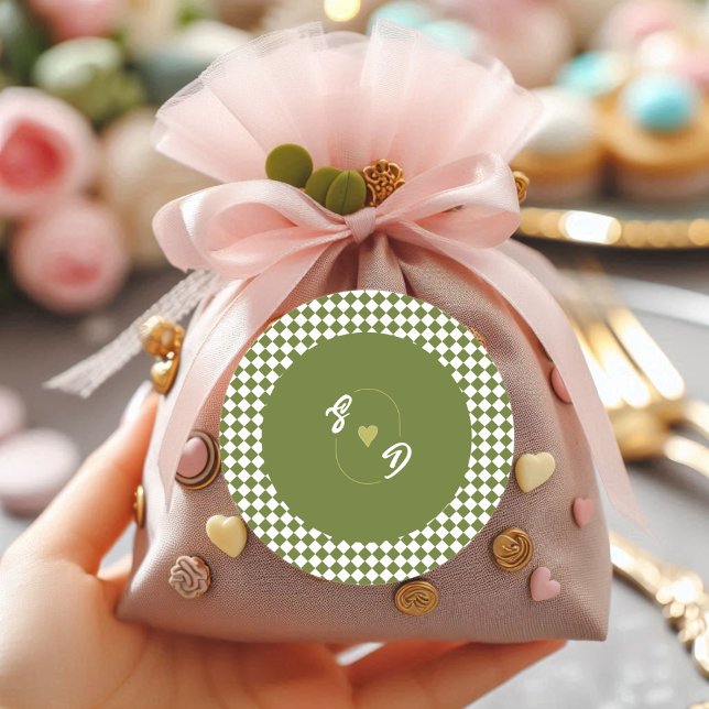 Retro Olive Green Monogram Initial Heart Wedding  Runder Aufkleber (Von Creator hochgeladen)